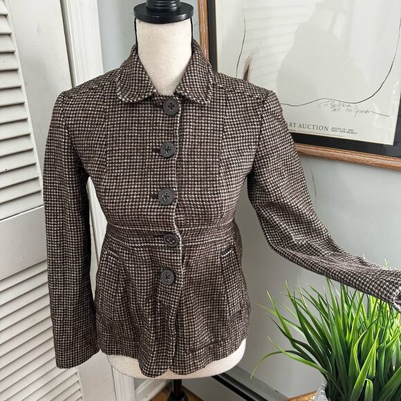 BANANA REPUBLIC Womens Jacket 0 Brown Tweed Houndstooth Wool Blend Preppy Office - Picture 1 of 12
